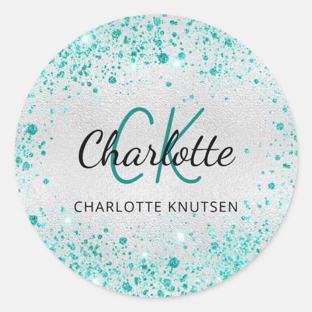 Sticker Rond Poussière de paillettes sarcelle argentée monogram (Devant)