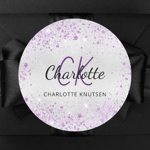 Sticker Rond Poussière de paillettes violet argenté monogramme