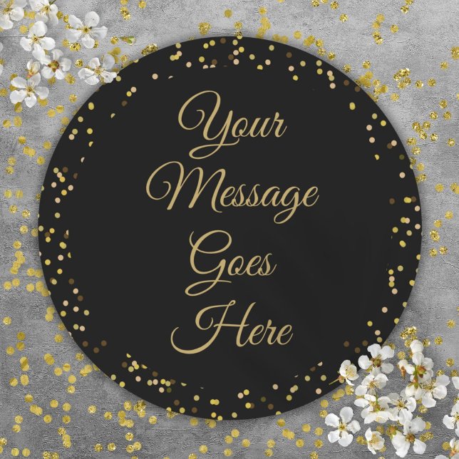 Sticker Rond Poussière d'or noir Écriture élégante (Black Gold Dust Elegant Script Classic Round Sticker)
