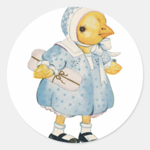 Sticker Rond Poussin vintage dans une robe