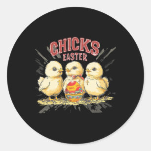 Sticker Rond Poussins avec œuf de Pâques ; Style Vintage Joyeus