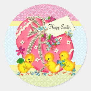 Sticker Rond Poussins vintages et message rose de coutume