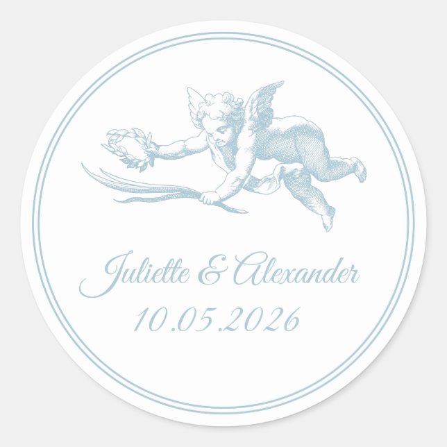 Sticker Rond Powder Blue Toile de Jouy Cupid Classic Round Wedd (Devant)