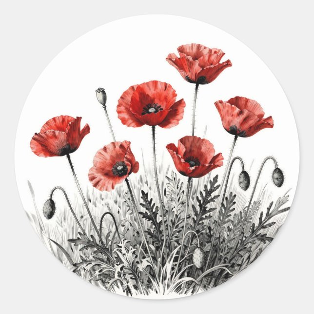 Sticker Rond Prairie de fleurs de pavot rouge vibrant (Devant)