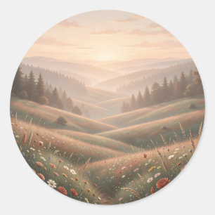 Sticker Rond Prairie de fleurs sauvages à l'heure dorée avec co