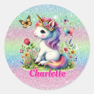 Sticker Rond Prairie de licorne scintillante de fleurs sauvages