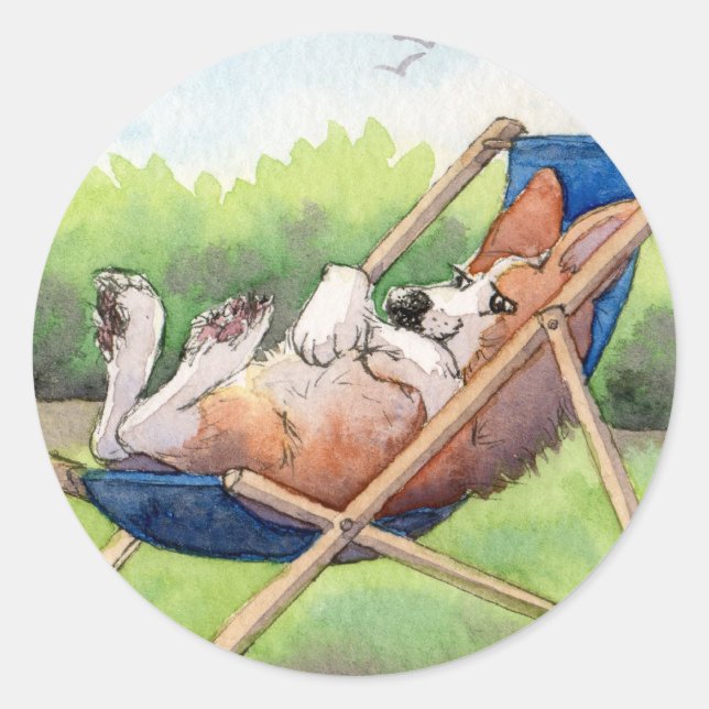 Sticker Rond Pratique pour l'été - Corgi dans un transat (Devant)
