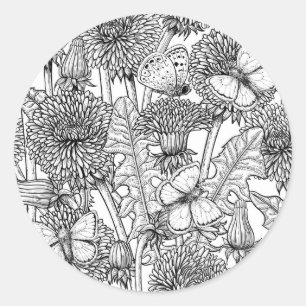 Sticker Rond Pré Dandelion en noir et blanc