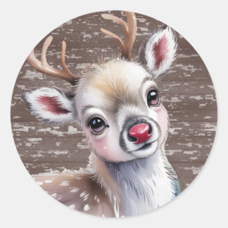 Sticker Rond Precious White Reindeer Red Shiny Nose Birthday