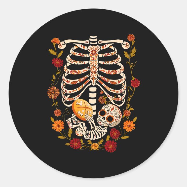 Sticker Rond Pregnancy Skeleton Dia De Los Muertos Mexican Bell (Devant)