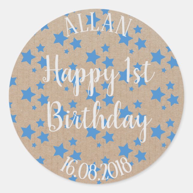 Sticker Rond Premier anniversaire Blue Stars Papier d'artisanat (Devant)