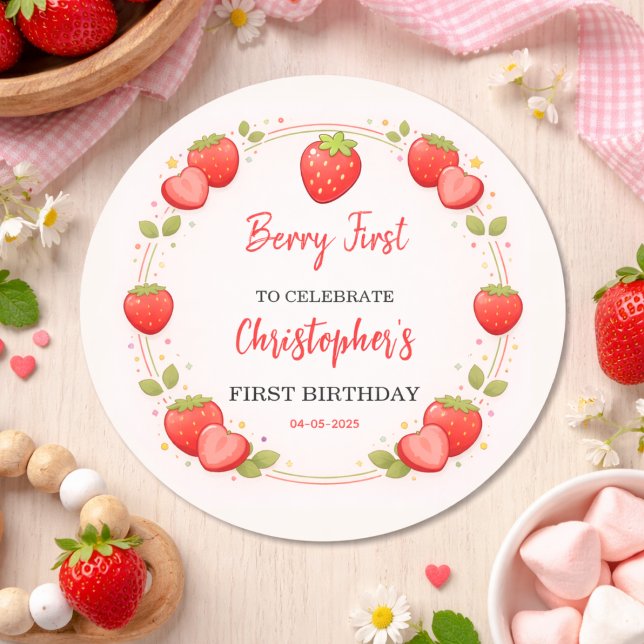 Sticker Rond Premier anniversaire de Berry | Premier anniversai (Berry First Birthday | Strawberry 1st Birthday Classic Round Sticker)