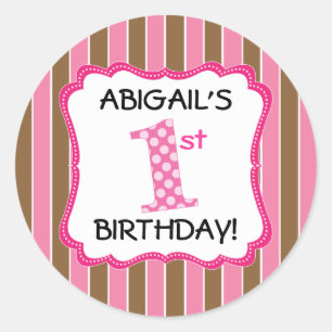 Sticker Rond Premier anniversaire de fille aux rayures roses mi