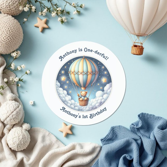 Sticker Rond Premier anniversaire du ballon à air chaud à un dé (One-derful Hot Air Balloon First Birthday Classic Round Sticker)