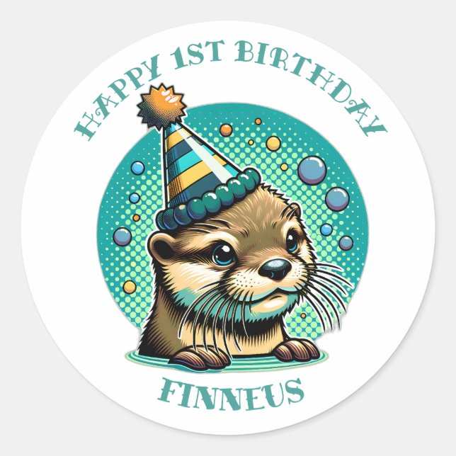 Sticker Rond Premier anniversaire du garçon à thème Otter Perso (Devant)