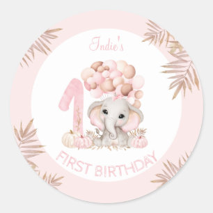Sticker Rond Premier anniversaire Elephant rose Fall Girl