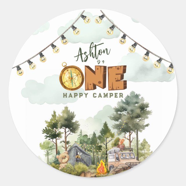 Sticker Rond Premier Anniversaire One Happy Camper (Devant)