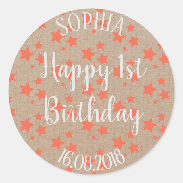 Sticker Rond Premier anniversaire Orange Stars Papier d'artisan (Devant)