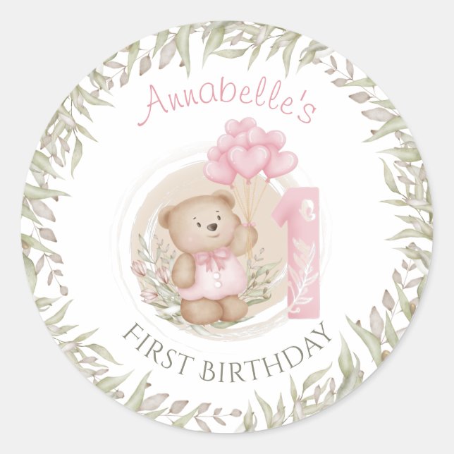 Sticker Rond Premier anniversaire Ourson mignon avec ballons  (Devant)