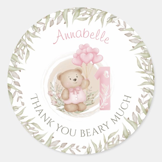 Sticker Rond Premier anniversaire Ourson mignon Merci (Devant)