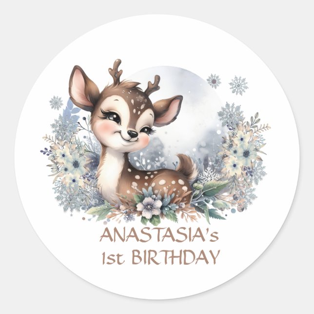Sticker Rond Premier anniversaire personnalisé Noël cerf mignon (Devant)