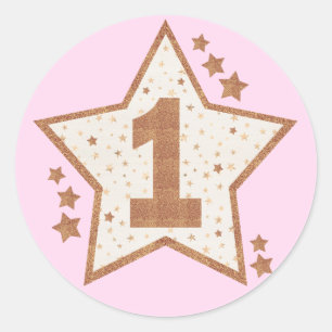 Sticker Rond Premier Anniversaire rose et Gold Star