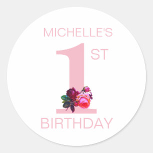 Sticker Rond Premier anniversaire rose simple avec Rose et nom