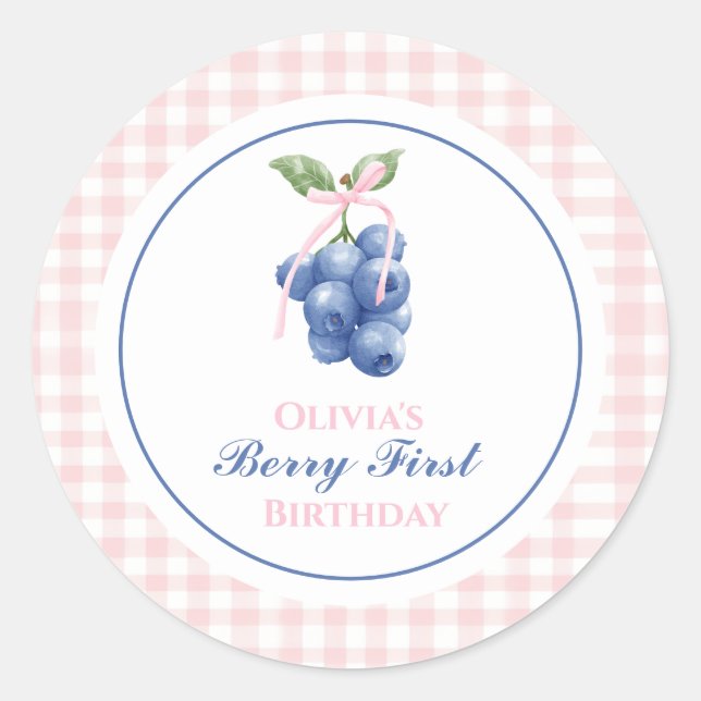Sticker Rond Premier bleuet à ruban rose Gingham (Devant)