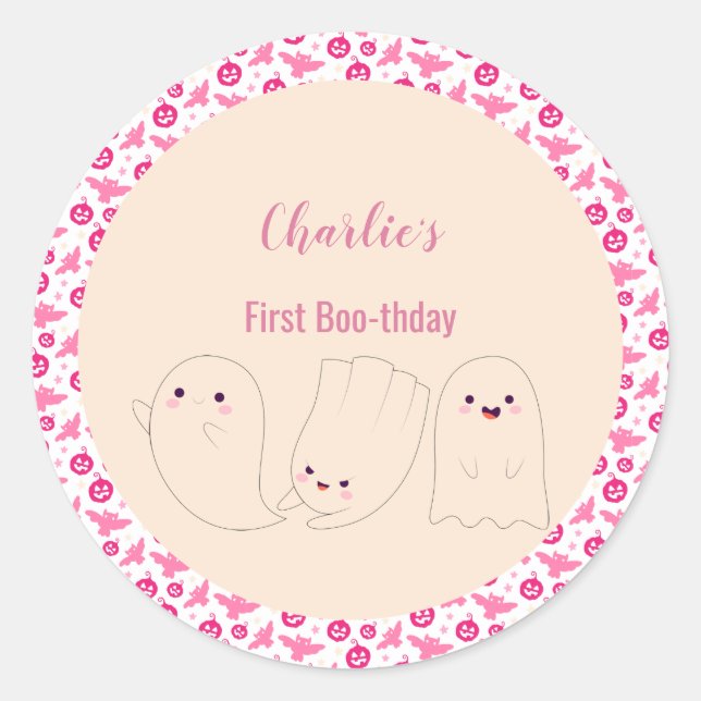 Sticker Rond Premier Boo-thday Halloween rose Fantôme 1er Anniv (Devant)