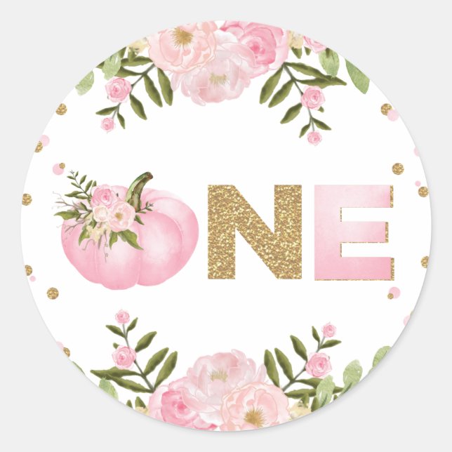 Sticker Rond Premier citrouille 1er anniversaire Pink Floral Au (Devant)