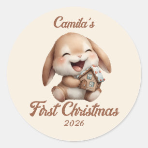 Sticker Rond Premier lapin de Noël de bébé personnalisé