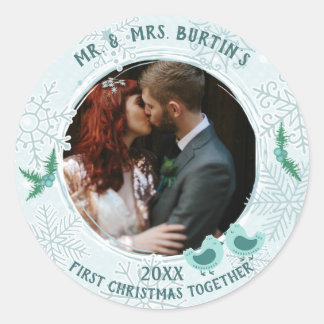 Sticker Rond Premier Noël Amour Oiseaux Couple Photo personnali