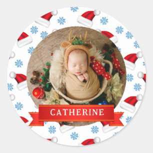 Sticker Rond Premier Noël du bébé simple et élégant Nom personn