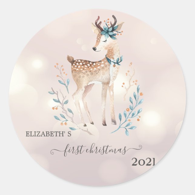 Sticker Rond Premier Noël, joyeux cerf de fête  (Devant)