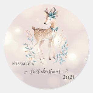 Sticker Rond Premier Noël, joyeux cerf de fête 