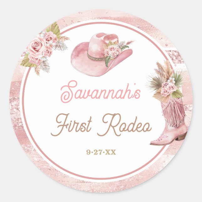 Sticker Rond Premier Rodéo Boho Rose 1er Anniversaire (Devant)