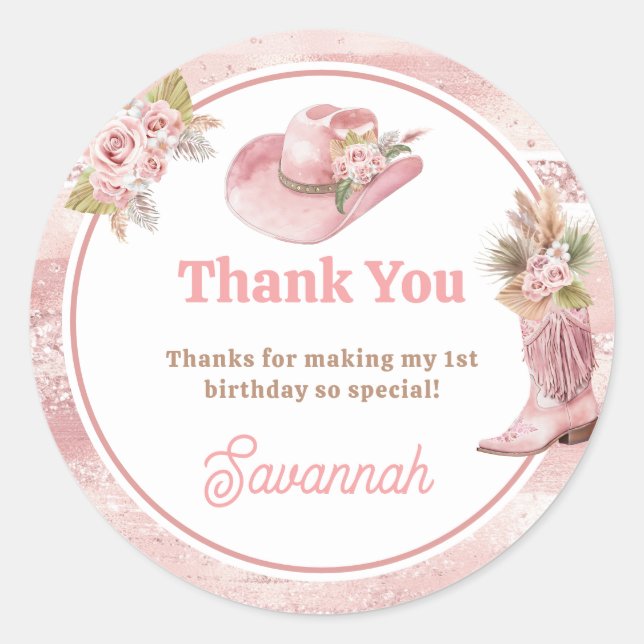 Sticker Rond Premier Rodéo Boho Rose 1er Anniversaire (Devant)