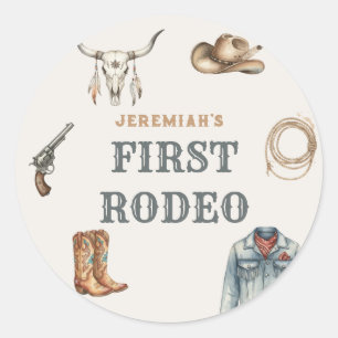 Sticker Rond Premier Rodéo Cowboy Far West Bleu Anniversaire