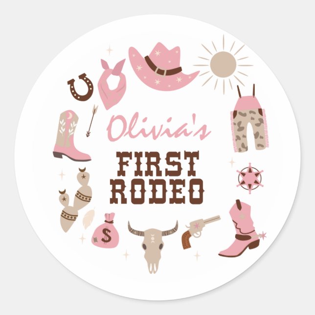 Sticker Rond Premier Rodéo Rose Western Cowboy 1er Anniversaire (Devant)