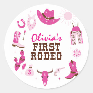 Sticker Rond Premier Rodéo Rose Western Cowboy 1er Anniversaire