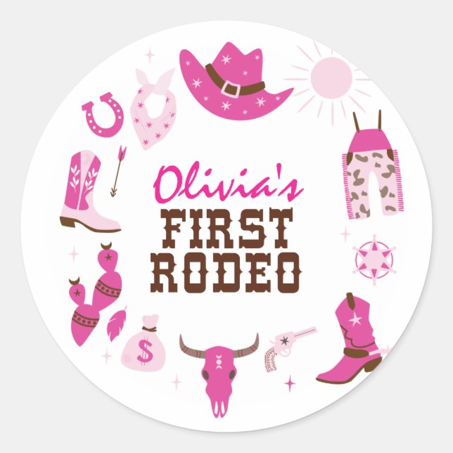 Sticker Rond Premier Rodéo Rose Western Cowboy 1er Anniversaire (Devant)