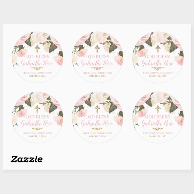 Sticker Rond Première communion & baptême, floral rose or (Feuille)