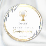 Sticker Rond Première communion bleu poussiéreux faux feuille d<br><div class="desc">Autocollants de la première sainte communion</div>