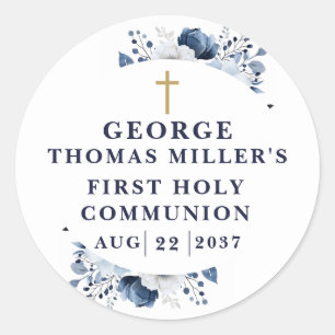 Sticker Rond Première communion botanique moderne bleu marine