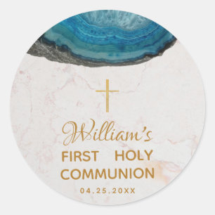 Sticker Rond Première communion Boy Blue Geode Marble Gold Cros