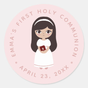 Sticker Rond Première Communion Brunette Girl Robe Blanche Rose