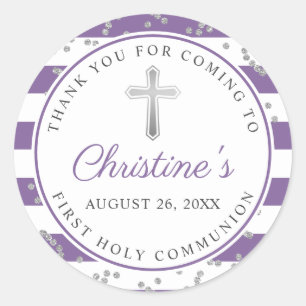 Sticker Rond Première communion d'Argent Lavender Purple Strip
