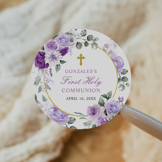 Sticker Rond Première communion de fille aux fleurs violettes (Créateur téléchargé)