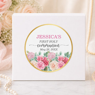Sticker Rond Première communion de fille Croix d'or Roses Flora