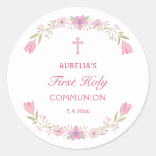 Sticker Rond Première communion de fleurs roses
